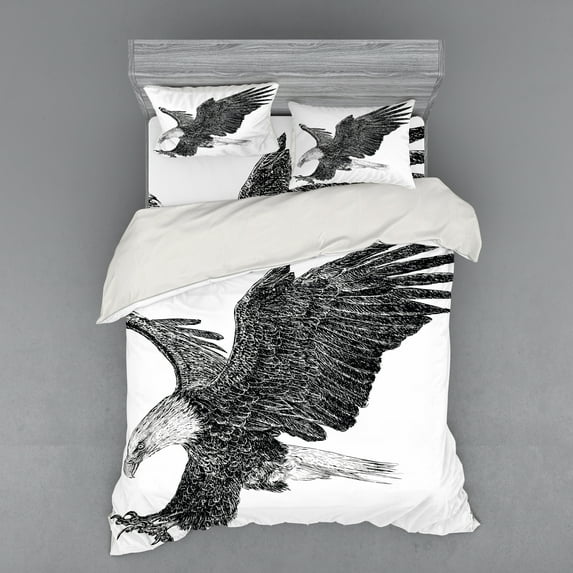 Ambesonne Animal Bedding Set 4 Pcs, Bald Eagle Swoop Sketchy, Queen, Black Pale Grey