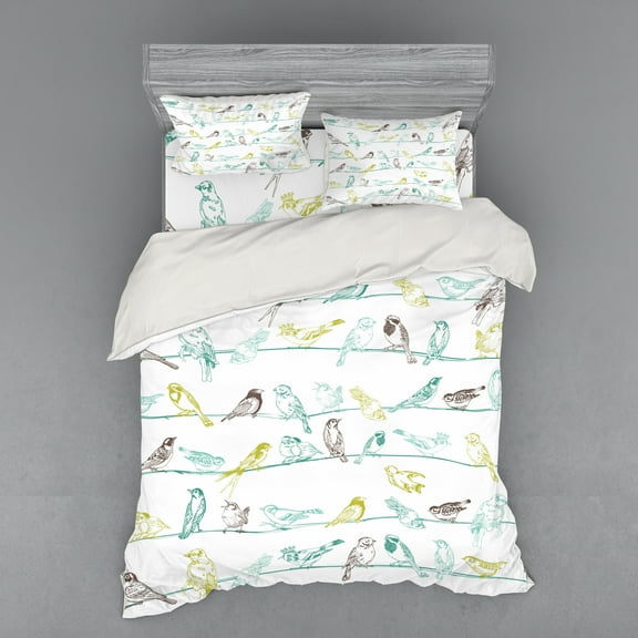 Ambesonne Animal Bedding Set 4 Pcs, Birds Sitting on Wires, Queen, Pale Green Brown