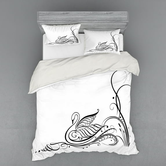 Ambesonne Animal Bedding Set 4 Pcs, Black Swan in River, Queen, White Black