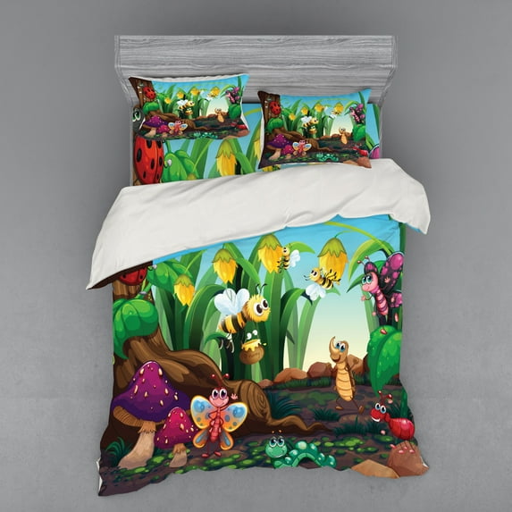 Ambesonne Animal Bedding Set 4 Pcs, Butterfly Bee in Exotic, Queen, Multicolor