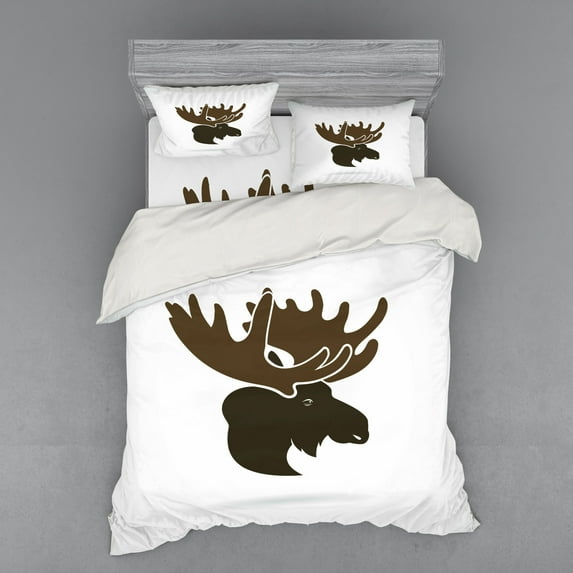 Ambesonne Animal Bedding Set 4 Pcs, Canadian Deer Head, Queen, Green Brown Army Green