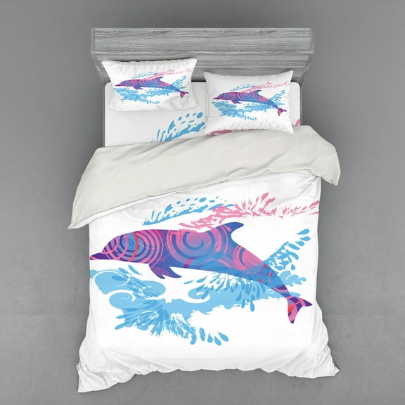 Ambesonne Animal Bedding Set 4 Pcs, Cartoon Jumping Dolphin, Queen, Blue Purple Pink