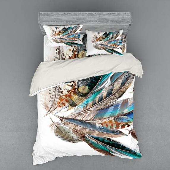 Ambesonne Animal Bedding Set 4 Pcs, Contour Feather Fashion, Queen, Teal Brown