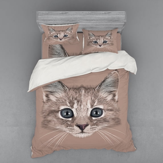 Ambesonne Animal Bedding Set 4 Pcs, Domestic Cat Face, Queen, Bluegrey Umber Brown
