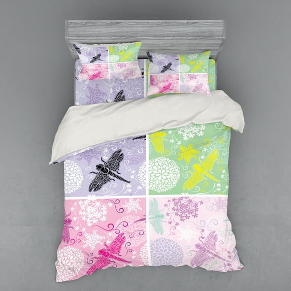 Ambesonne Animal Bedding Set 4 Pcs, Dragonflies Dandelion, Queen, Multicolor