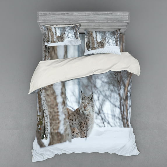 Ambesonne Animal Bedding Set 4 Pcs, European Lynx Wilderness, Queen, Pale Brown White