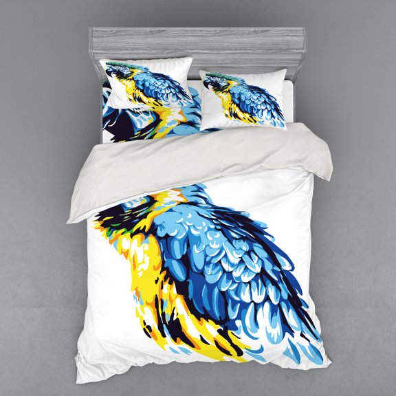 Ambesonne Animal Bedding Set 4 Pcs, Exotic Parrot Painting, Queen, Pale Blue Navy Blue
