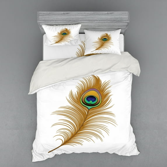 Ambesonne Animal Bedding Set 4 Pcs, Exotic Peacock Wild Bird, Queen, Mustard Green Navy