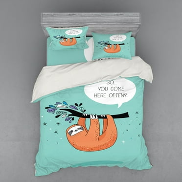 Ambesonne Animal Bedding Set 4 Pcs, Flirty Sloth Cartoon, Queen, Multicolor