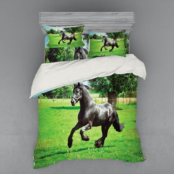 Ambesonne Animal Bedding Set 4 Pcs, Friesian Horse, Queen, Black Green
