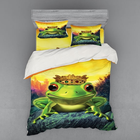 Ambesonne Animal Bedding Set 4 Pcs, Frog Prince with Crown, Queen, Green Yellow
