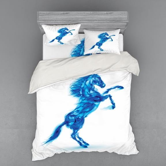 Ambesonne Animal Bedding Set 4 Pcs, Gallop Animal Theme Motif, Queen, Dark Blue and White