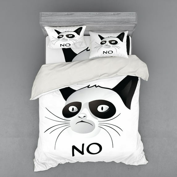 Ambesonne Animal Bedding Set 4 Pcs, Grumpy Face Famous Cat, Queen, Black and White