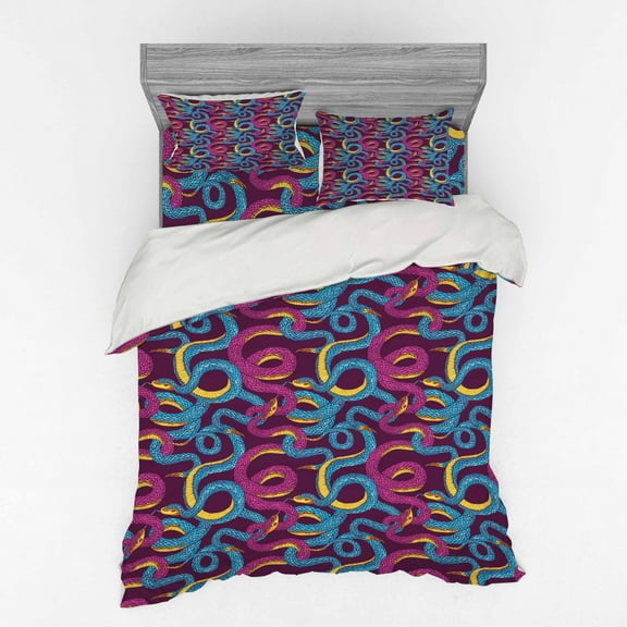 Ambesonne Animal Bedding Set 4 Pcs, Hand Drawn Art Snakes, Queen, Plum Blue Yellow