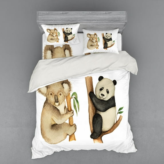 Ambesonne Animal Bedding Set 4 Pcs, Koala Panda Watercolor, Queen, Beige Black