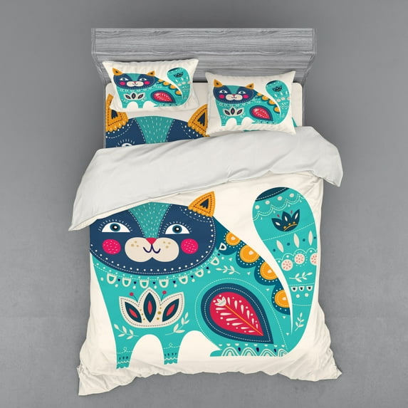 Ambesonne Animal Bedding Set 4 Pcs, Paisley Style Cat Kitten, Queen, Multicolor