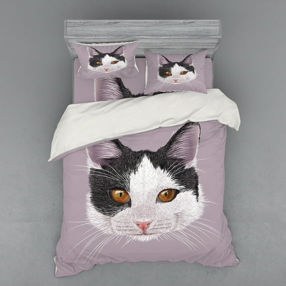 Ambesonne Animal Bedding Set 4 Pcs, Pet Cat Kitty Portrait, Queen, Lilac Black White