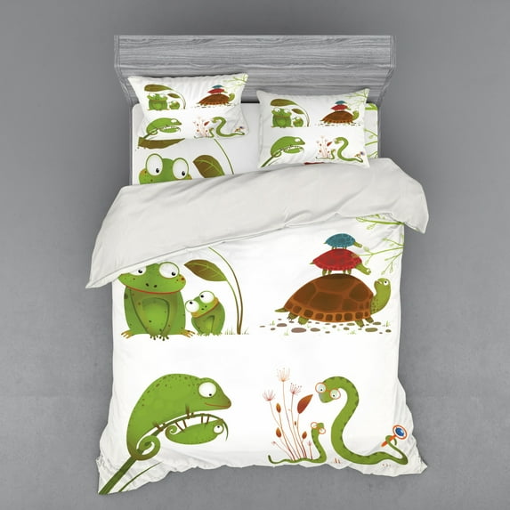 Ambesonne Animal Bedding Set 4 Pcs, Snake Frog Ninja Reptile, Queen, Green Brown Red