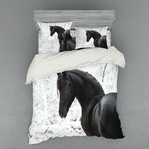 Ambesonne Animal Bedding Set 4 Pcs, Snowy Winter Scenery, Queen, White