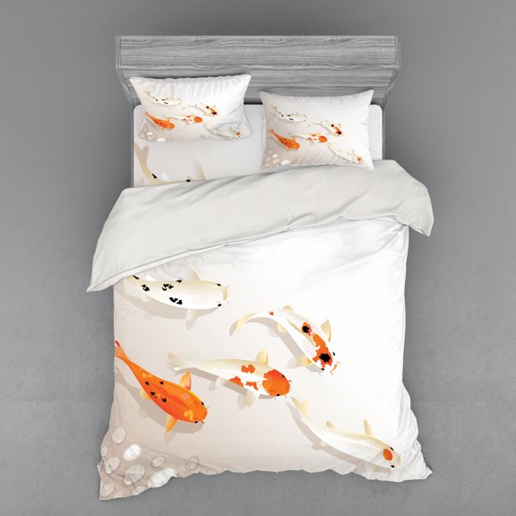 Ambesonne Animal Bedding Set 4 Pcs, Traditional Spotted Koi Fish, Queen, Orange Beige