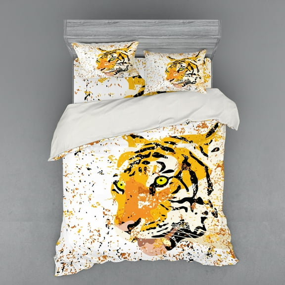 Ambesonne Animal Bedding Set 4 Pcs, Vector Wildlife Tiger, Queen, Orange