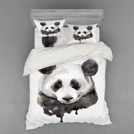 Ambesonne Animal Bedding Set 4 Pcs, Watercolor Panda Bear, Queen, Beige White and Black