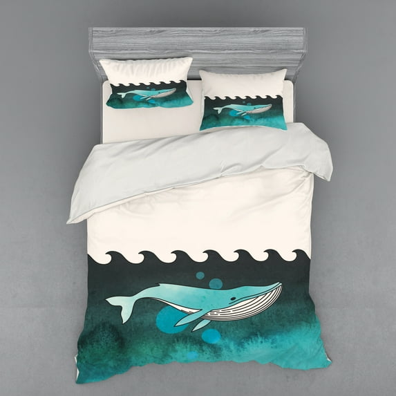 Ambesonne Animal Bedding Set 4 Pcs, Whale near Palm Island, Queen, Green and Blue
