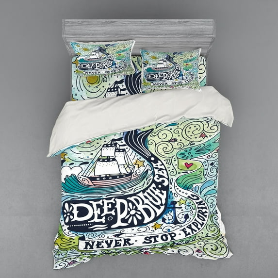 Ambesonne Animal Bedding Set 4 Pcs, Whales Island with Palm, Queen, Blue Pink and Green