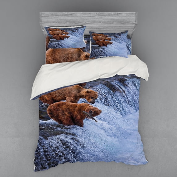 Ambesonne Animal Bedding Set 4 Pcs, Wild Bear Fish Nature, Queen, Brown White
