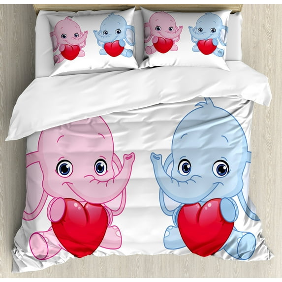 Ambesonne Animal Cartoon Duvet Cover Sets, Hearts Twins, 2-King, Pale Pink White and Blue
