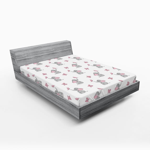 Ambesonne Animal Cartoon Fitted Sheet, Butterfly, Full Size, Pale Pink White Grey