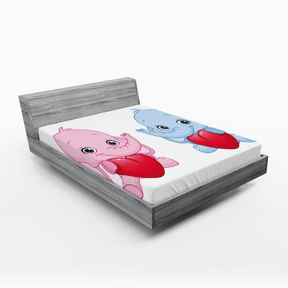 Ambesonne Animal Cartoon Fitted Sheet, Hearts Twins, Queen Size, Pale Pink White and Blue