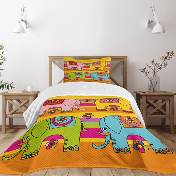 Ambesonne Animal Cartoon Quilted Bedspread Set 2 Pcs, Funky Floral, Twin Size, Multicolor