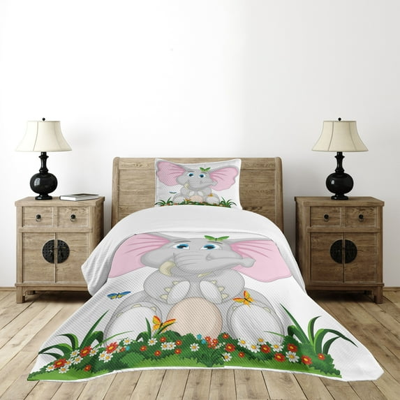 Ambesonne Animal Cartoon Quilted Bedspread Set 2 Pcs, Garden Daisies, Twin Size, Multicolor
