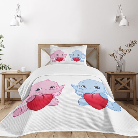 Ambesonne Animal Cartoon Quilted Bedspread Set 2 Pcs, Hearts Twins, Twin Size, Pale Pink White and Blue