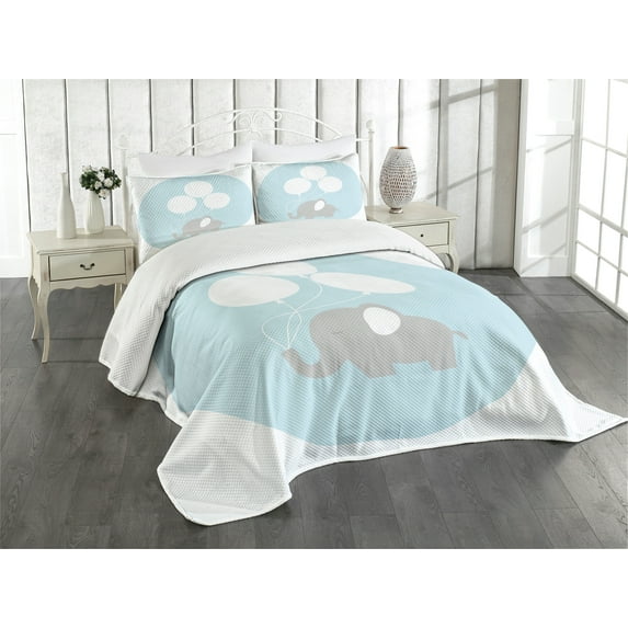 Ambesonne Animal Cartoon Quilted Bedspread Set 3 Pcs, Balloons, Queen Size, Pale Blue White Mauve