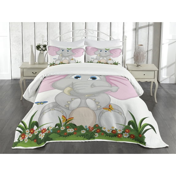 Ambesonne Animal Cartoon Quilted Bedspread Set 3 Pcs, Garden Daisies, King Size, Multicolor