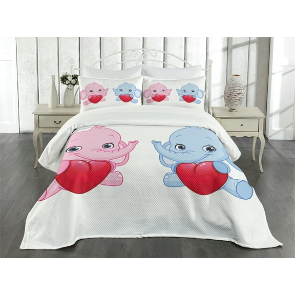 Ambesonne Animal Cartoon Quilted Bedspread Set 3 Pcs, Hearts Twins, King Size, Pale Pink White and Blue