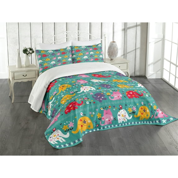 Ambesonne Animal Cartoon Quilted Bedspread Set 3 Pcs, Joyful Nature, King Size, Multicolor