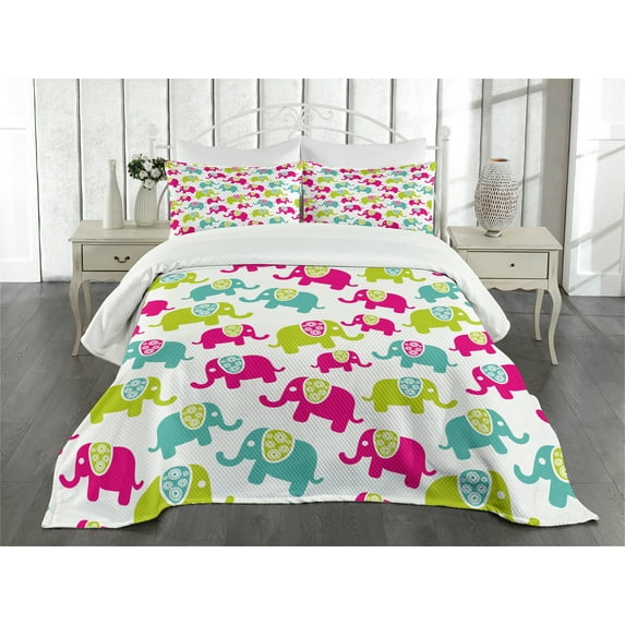 Ambesonne Animal Cartoon Quilted Bedspread Set 3 Pcs, Joyous, Queen Size, Green Blue Pink