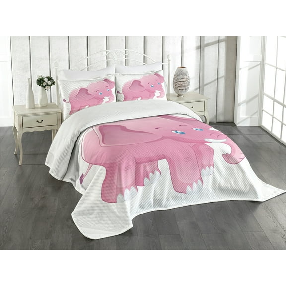 Ambesonne Animal Cartoon Quilted Bedspread Set 3 Pcs, Pinkish Funny Tusk, Queen Size, White and Pink