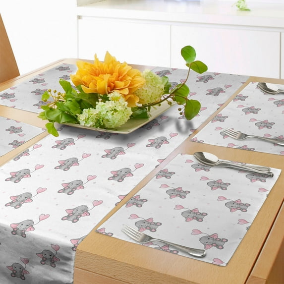 Ambesonne Animal Cartoon Table Runner & Placemats, Heart Balloons, Placemat 4 pcs + Runner 12"x90", Grey Pale Pink White