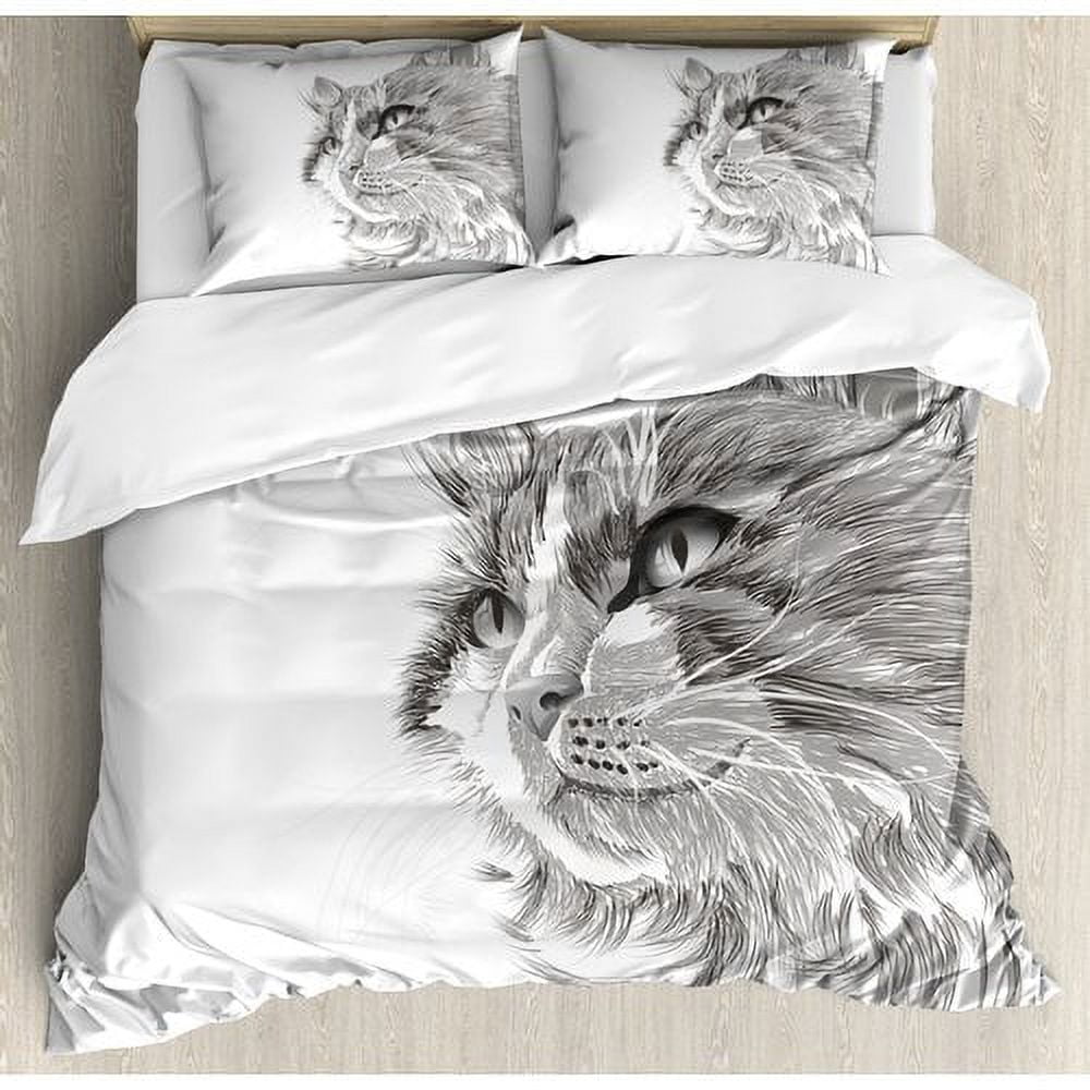 Gray and White Cat Portrait Queen Duvet Cover Set