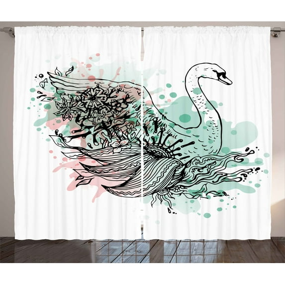 Ambesonne Animal Curtains 2 Panel Set, Sketchy Swan Watercolors, 108" x 96", Mint Green Pale Pink