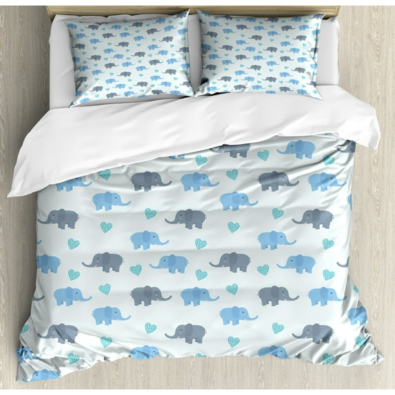 Ambesonne Animal Duvet Cover Set, Big Animals Dotted Hearts, Queen, Blue and Blue Grey
