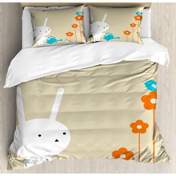 Ambesonne Animal Duvet Cover Set, Bunny with Flowers, Queen, White Tan and Blue