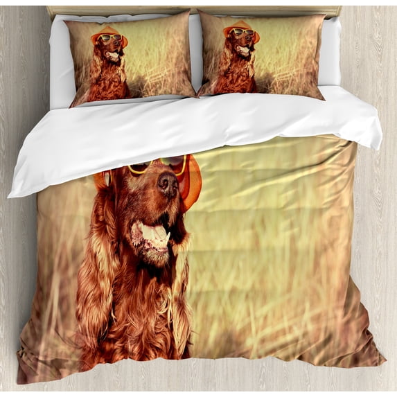 Ambesonne Animal Duvet Cover Set, Dog Wearing Hat Glasses, King, Redbrown Tan