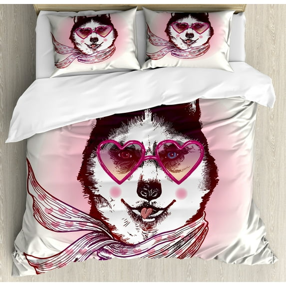 Ambesonne Animal Duvet Cover Set, Hipster Husky Dog Hearts, 2-Calking, Pink Cream Black