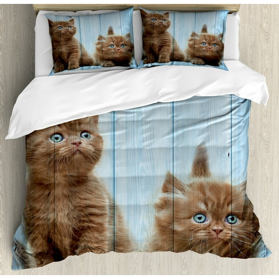 Ambesonne Animal Duvet Cover Set, Kitten Best Friend, Calking, Sky Blue Caramel
