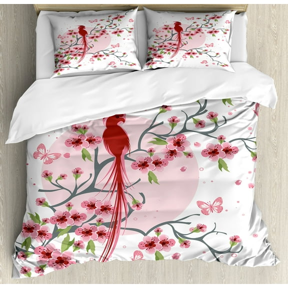 Ambesonne Animal Duvet Cover Set, Mythical Phoenix Bird, Calking, Pink
